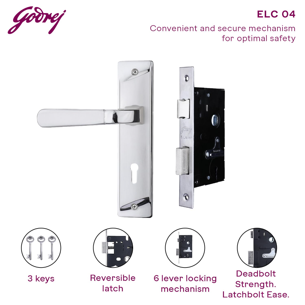 Godrej Mortise Lock|Handle Lock Set for Main and Internal Door I Eco Pin Cylinder|7 Inch Lockbody|ELC 04 6-Lever Zinc Alloy|3 Keys Isilver Finish|5Yr Warranty